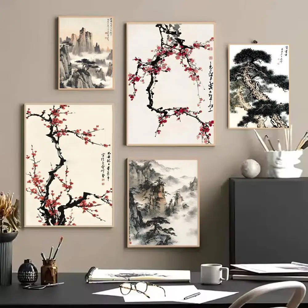 Traditional Serene Chinese Ink Style Pine Tree Alpine Flow Water Poster Painting Wall Art for Living Room Home Gifts Decor Mural