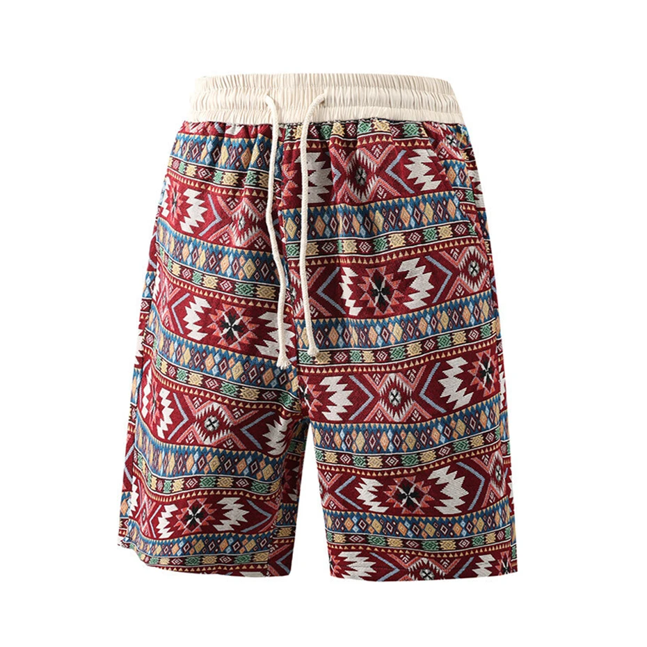 Summer Mens Hawaiian Beach Shorts Streetwear Vintage National Style Short Harajuku Baggy Casual Elastic Waist Knee Length Pants