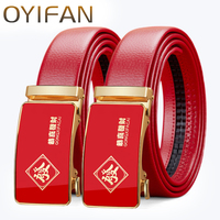 OYIFAN Red Colour Genuine Genuine Leather Belt for Men, Automatic Adjustable Ratchet Belt, Classic Design Men's Wedding Belt