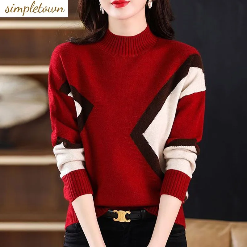

Velvet and Thickened Women's Top 2023 New Autumn/Winter Korean Edition Color Block Knitted Half High Neck Sweater