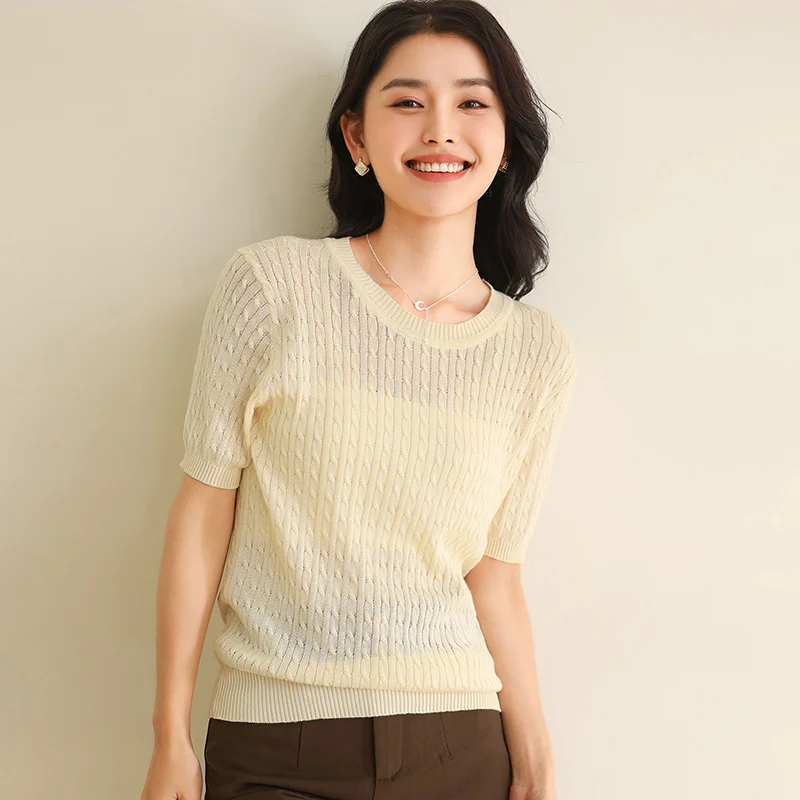 Summer New T-shirt 100% Pure Cotton Round Neck Short Sleeve Fashion Fried Dough Twists Vest Casual Solid Color Knitting Tees