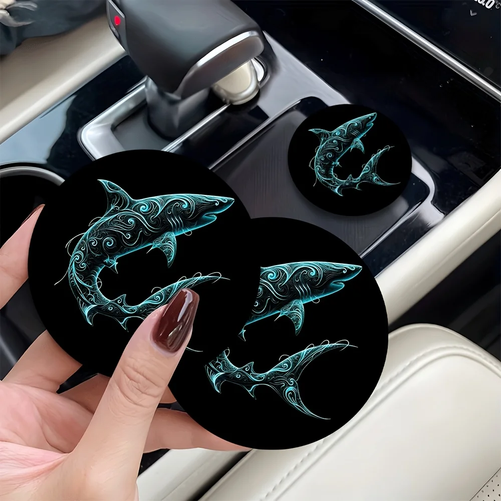 2pcs Fluorescent Patterned Shark Jumping Deep Sea Themed Car Coasters - Durable And Non-Slip Car Cup Holders Featuring Cute And