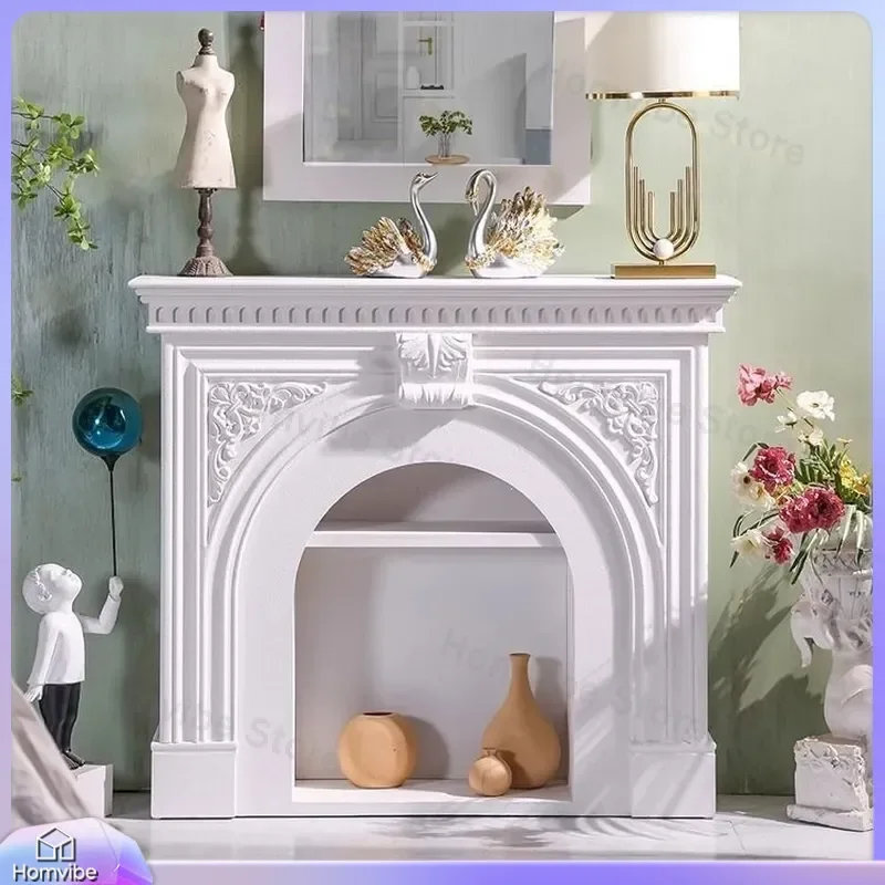 for French Style Electronic Simulation Fireplace Cabinet Retro Carved Mantel Decor for Villa Entrance American Living Room