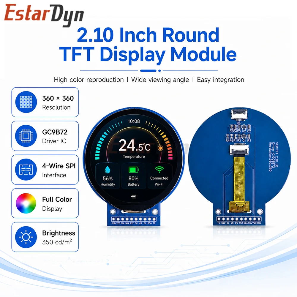 Estardyn 2.1-inch TFT LCD Screen GC9B72 Small-Screen 360x360 Display LCD Color Screen SPI Round Screen