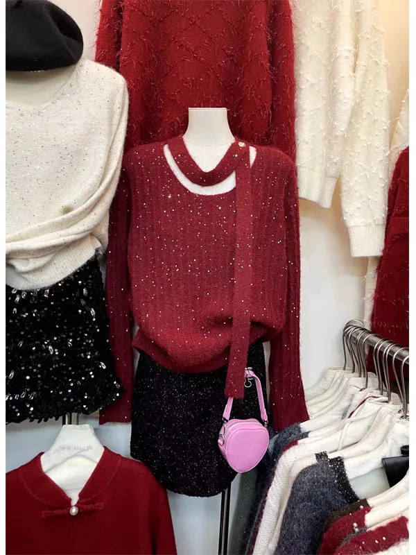 

Red Long Sve Women's Knitted Sweater Sparkling Sequin Draped Heavy Embroidery Winter Faion Commute Sle Loose Fit Knitwear