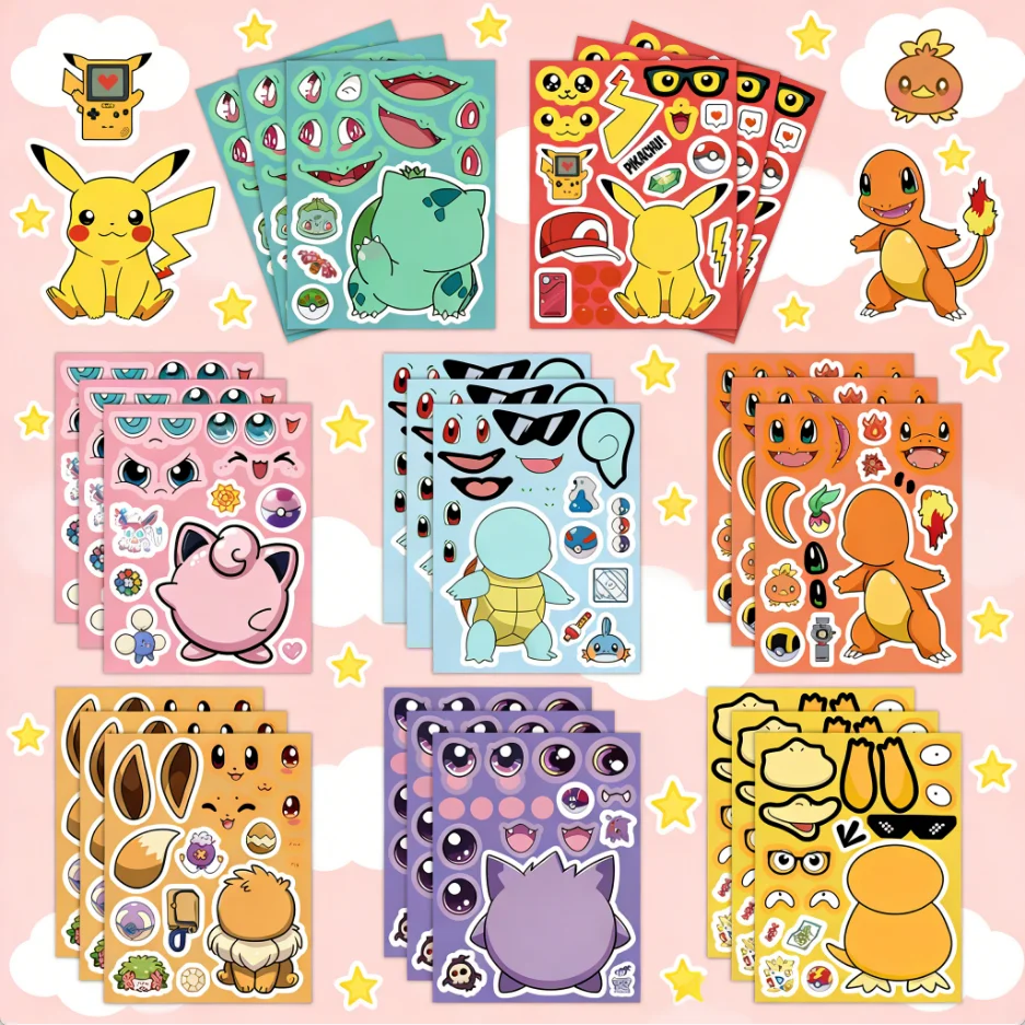 

16 Sheets Anime Pokemon Make a Face Puzzle Stickers Kids Cartoon DIY Funny Assemble Jigsaw Decals Children Toys Party Gifts