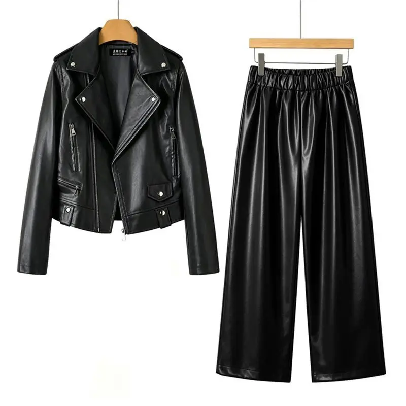Autumn Biker Coat Trousers Matching Set Women 2 Piece Outfit Faux Leather Motorcycle Jacket Elastic Waist Wide Leg Pants Set
