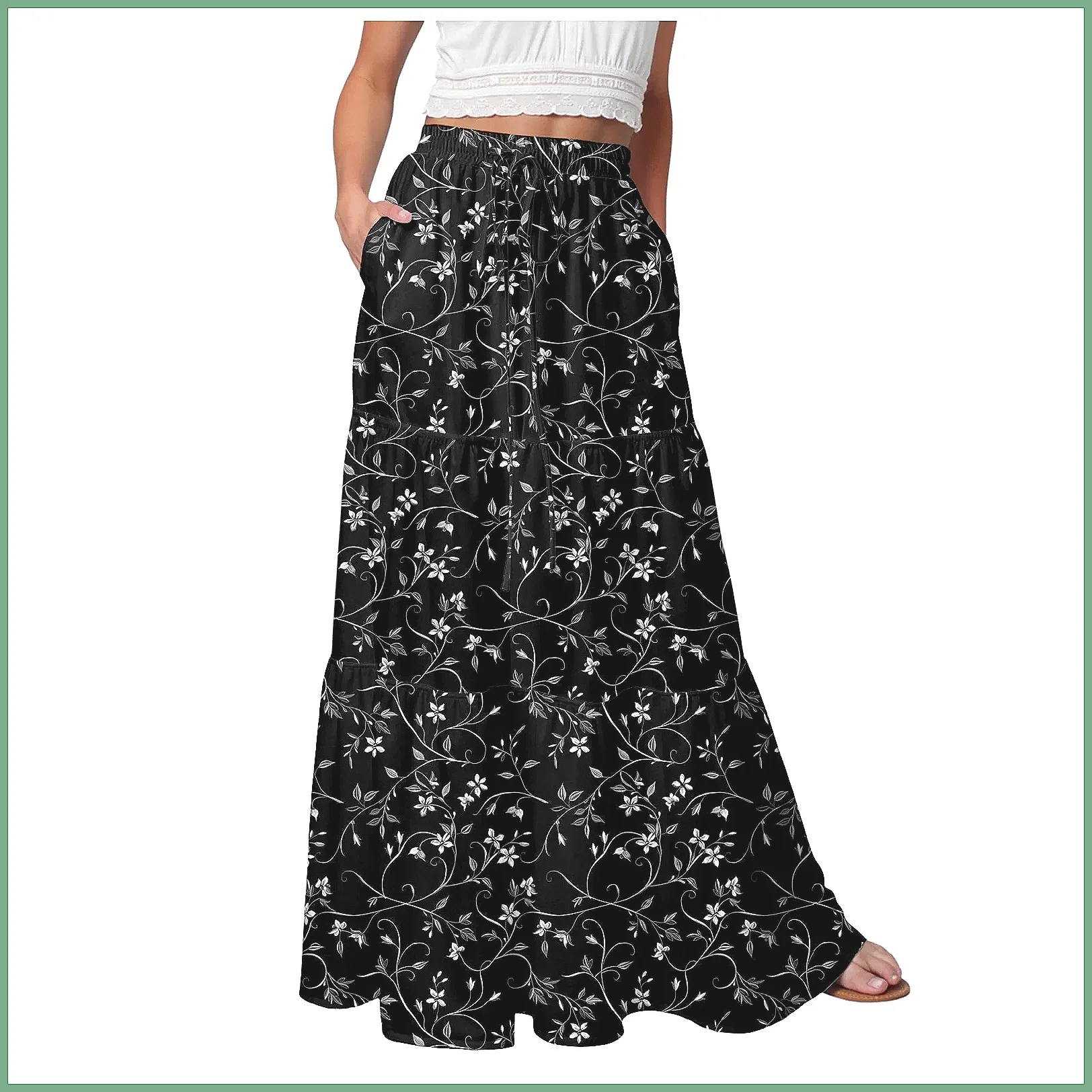 Women's Summer Maxi Skirt with Pockets, Flowy Boho Beach Skirt Stretch Waist Pleated Swing