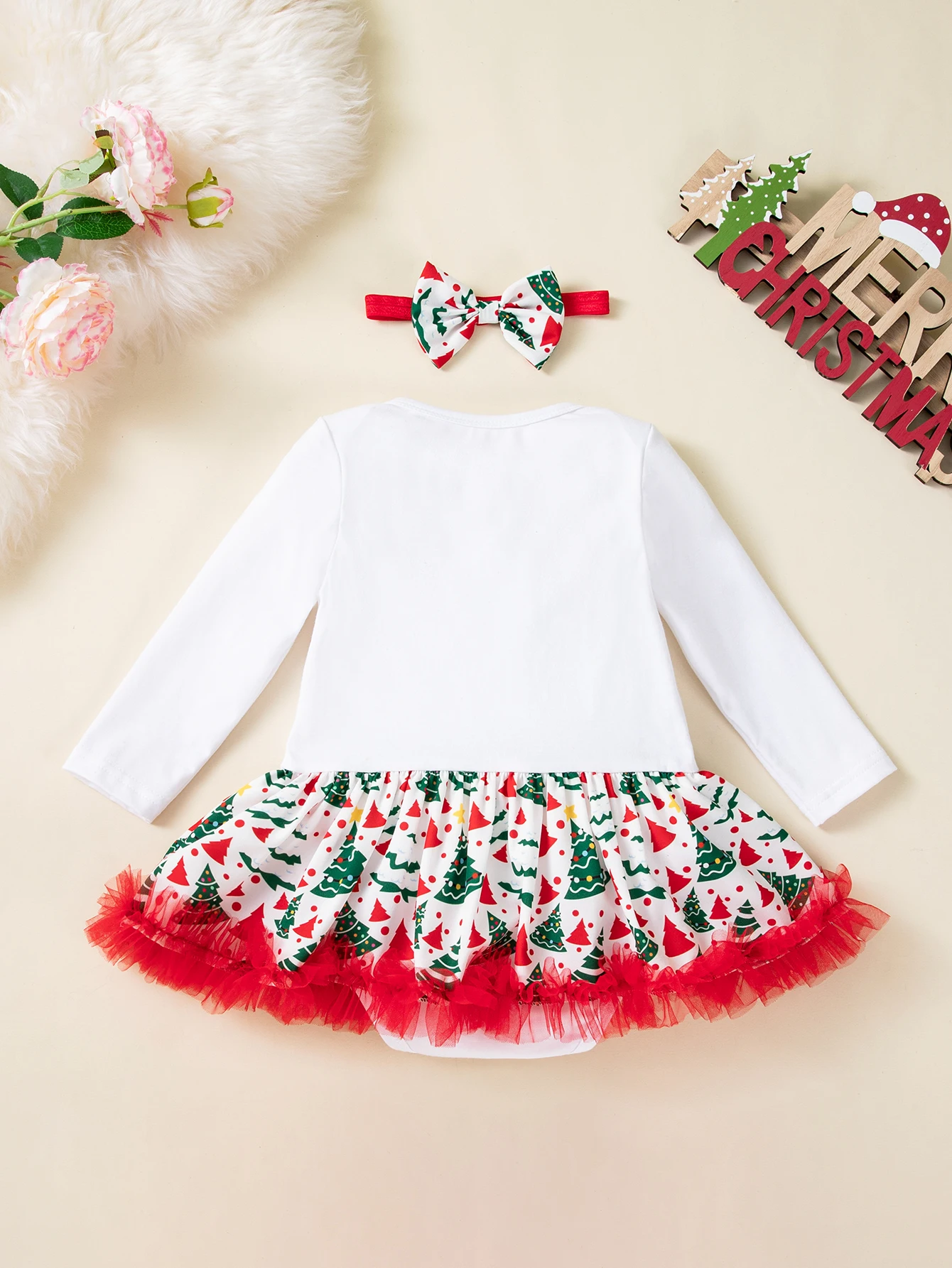 Newborn Baby Girl First Christmas Outfit Long Sleeve Printed Romper Red Ruffle Tulle Tutu Skirt Bow Headband Infant Xmas Party