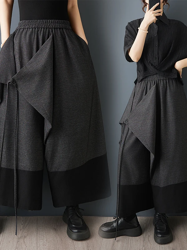 Authentic Dark Style Wide Leg Pants Skirt High Waist Cotton Blend Polyester Fashionable Color Block Belted Casual Trousers