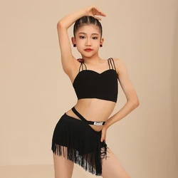 2024 New Black Latin Dance Costume For Children Summer Strap Tops Tassel Short Skirt Set Girls Cha Cha Practice Clothes VBH577