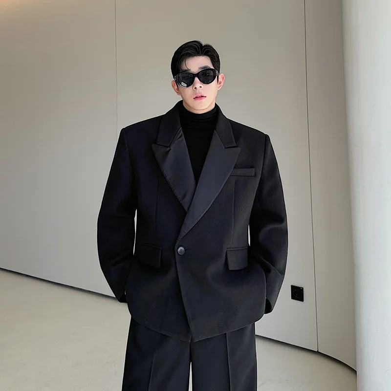 

Korean Sle Men's Bla Woolen Patchwork Suit Casual Commute ing Jaet High Quali Ele Spring Autumn Winter Coat