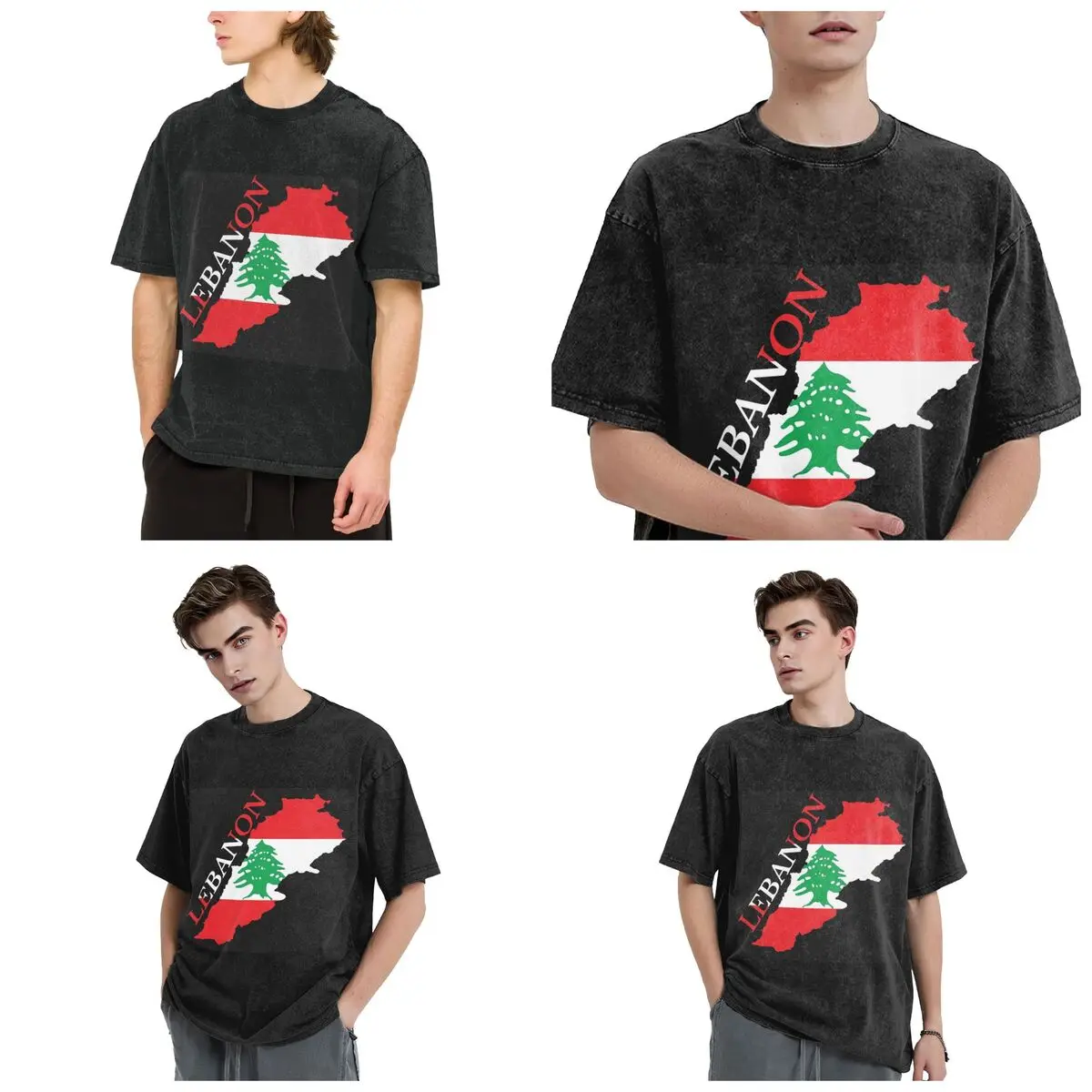 Streetwear T-Shirts Lebanon Flag Map Washed T Shirt Short Sleeve Hip Hop T-Shirt Tops Tees for Men Women