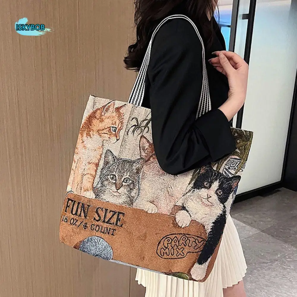 

Casual Dog Ethnic Style Handbag Embroidery Canvas Cute Cat Cloth Bag Handbag Storage Bag Animal Shoulder Bag Outdoor