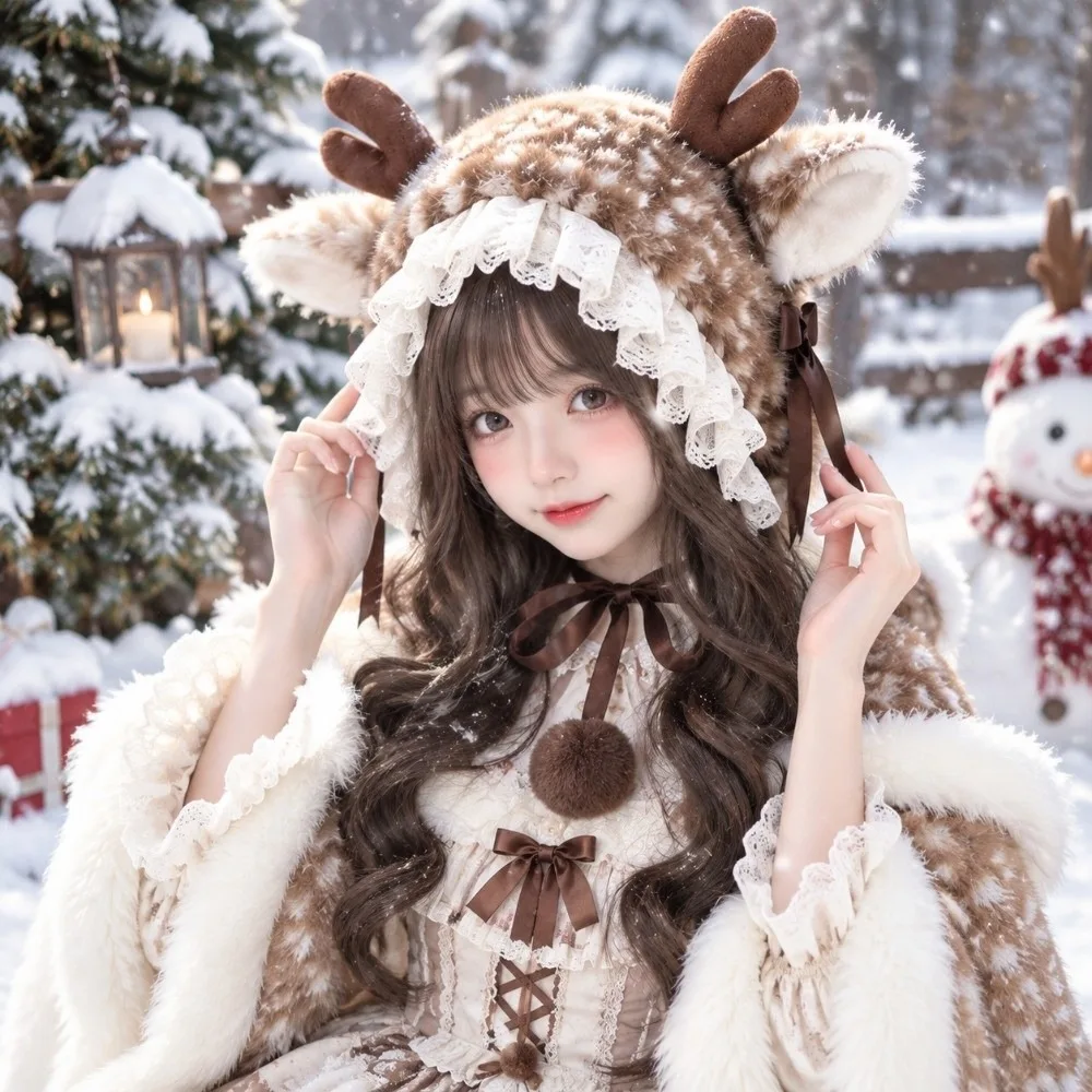 Lolita Thick Deer Pattern Faux Fur Hat Leg Cover Warm Cross-tie Scarf Windproof Soft Fluffy Plush Neck Warmer Skiing Holiday