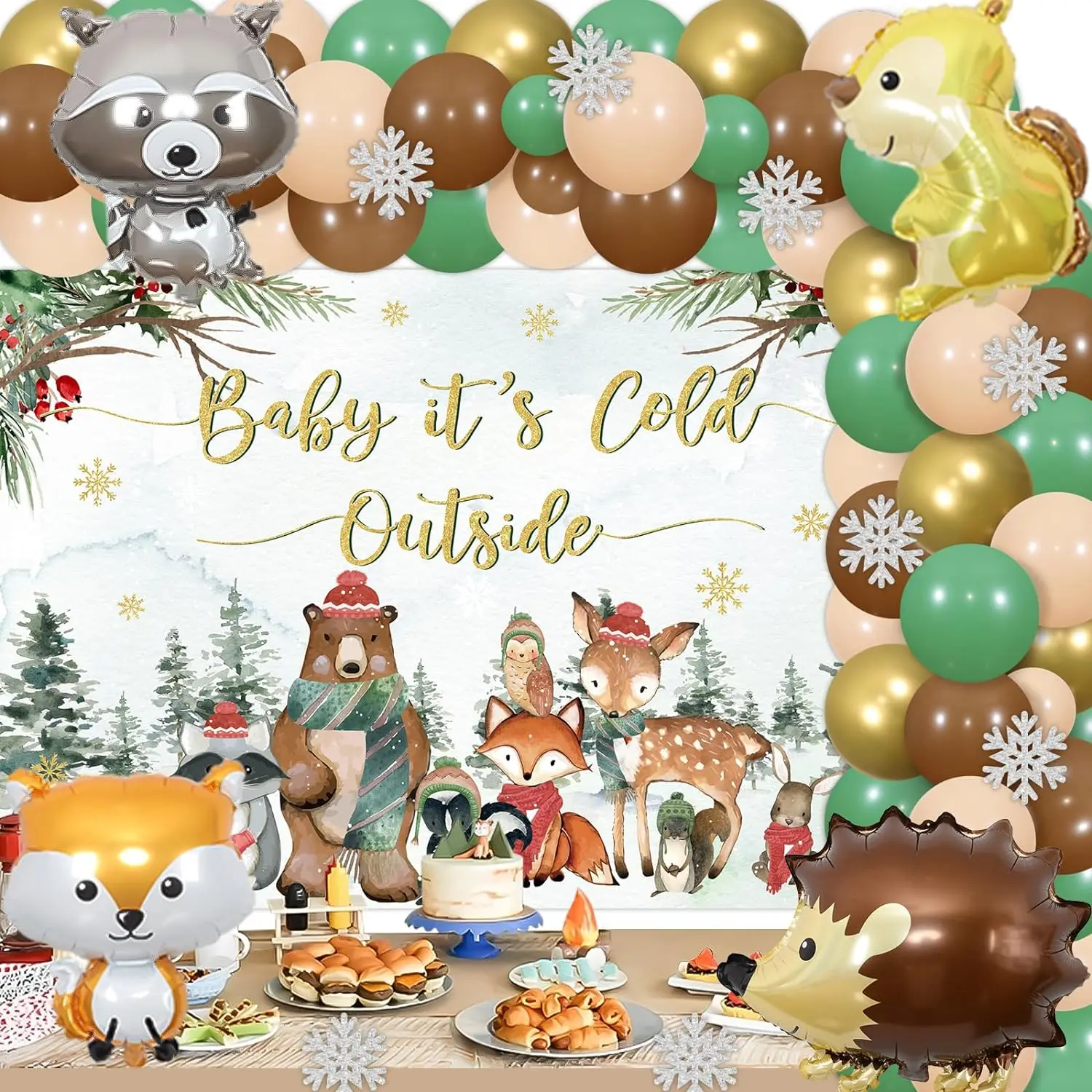 

SurSURPRISE-Winter Woodland Balloon Garland Kit for Boys, Backdrop Foil Balloons for Winter Gender Reveal Decorations