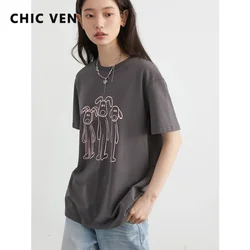 CHIC VEN Women T-Shirts Short Sleeved New Contrasting Color Female Puppy Print T-shirt Woman Top Spring Summer 2024