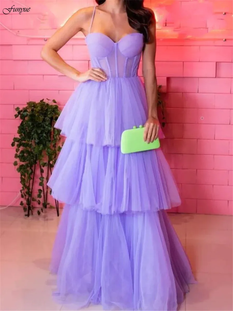 

Funyue Lavender Layered Tulle Prom Dresses Long A-line Formal Party Dress Evening Gowns Spaghetti Straps Sweetheart Vestido Gala