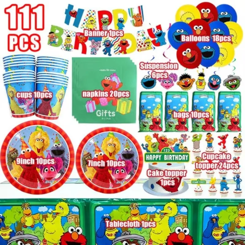 New Cartoon Birthday Event Disposable Tableware Plates Balloon sSesames Street Birthday Elmo and Friends Theme Party Decoration