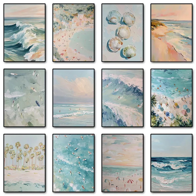 Retro Watercolor Summer Beach Ocean Surfers Pastel Seascape Seashell Poster Canvas Painting Wall Art Pictures Home Decor