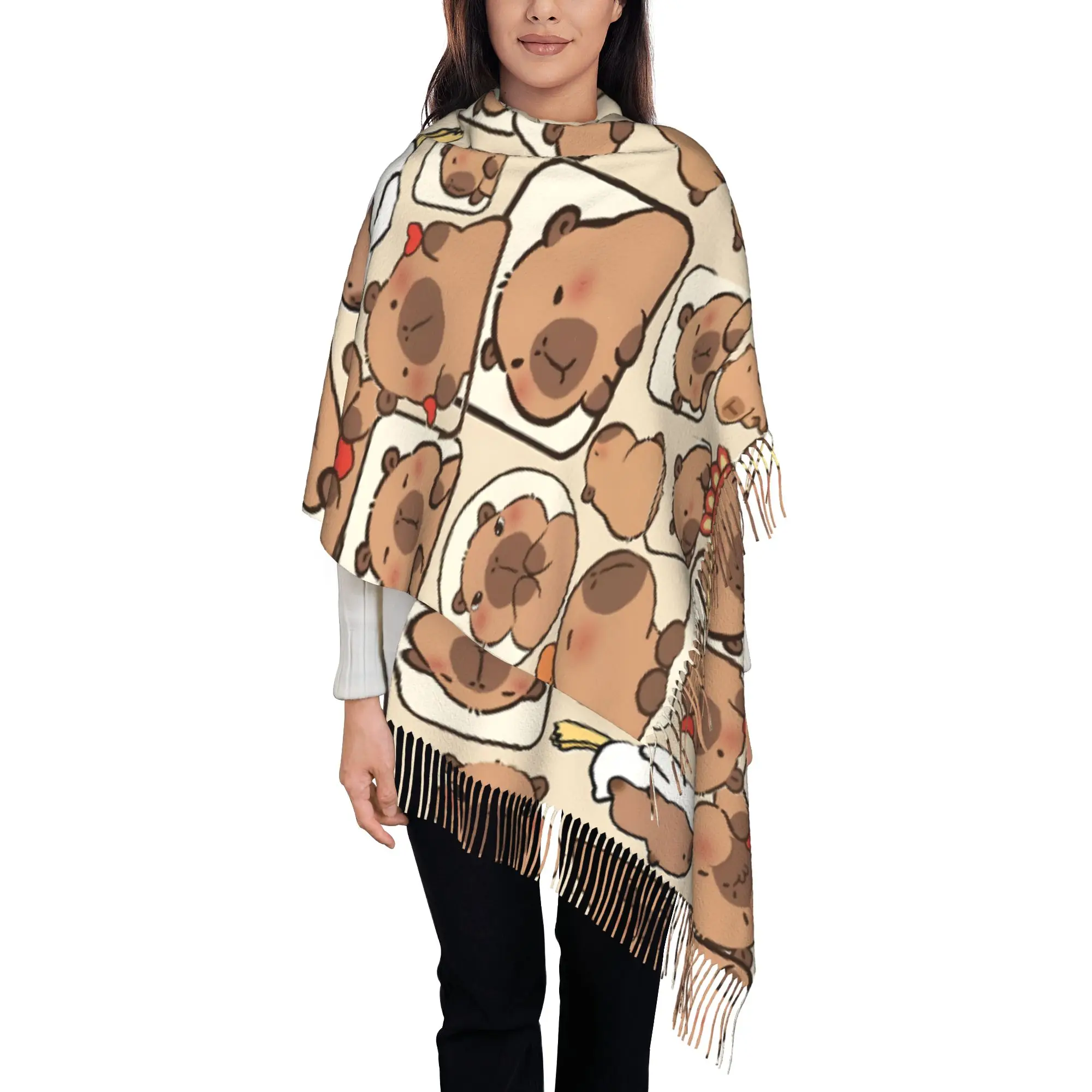 1 PC Capybara Cute Graphic Fringe Wraps Cold Day Thick Winter Warm Gifts Bandana Tassel