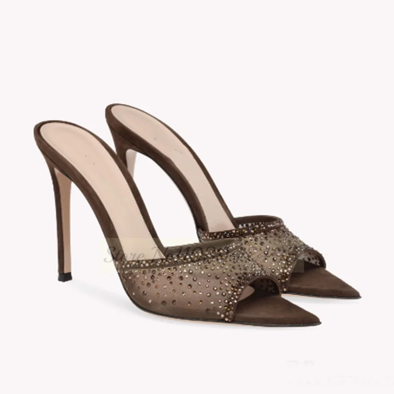 

Mesh Rhinestones Brown Heels Pointed Toe Crystal Slippers Thin High Heel Women Luxury Designer Elegant Slip On Modern Shoes