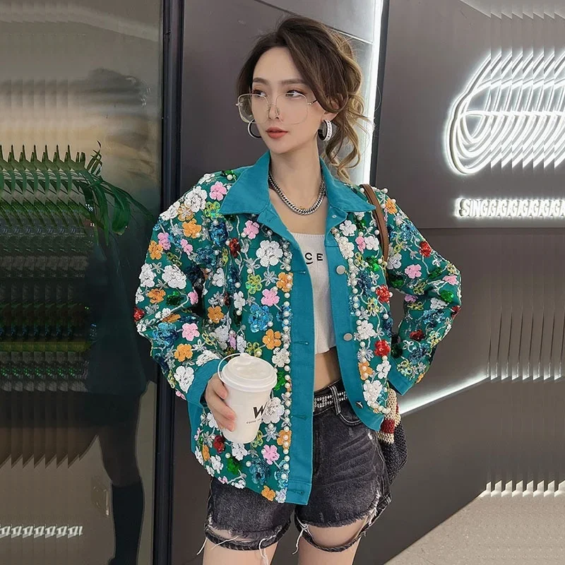 

Spring Vintage Peacock-blue Short Denim Jacket Women Streetwear Lace Beaded Sequined Flowers Loose Casual Female Jeans Jacket