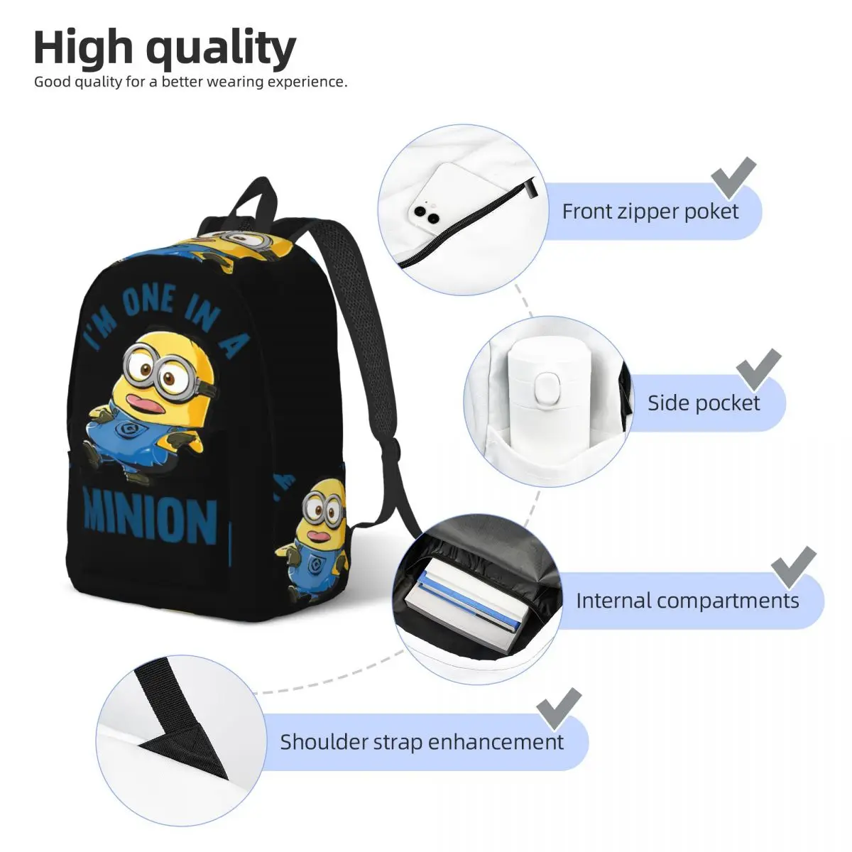 Mochila de moda M-Minionsed con bolsillo para estudiantes, senderismo, viaje, mochila para hombres y mujeres, bolso de hombro universitario