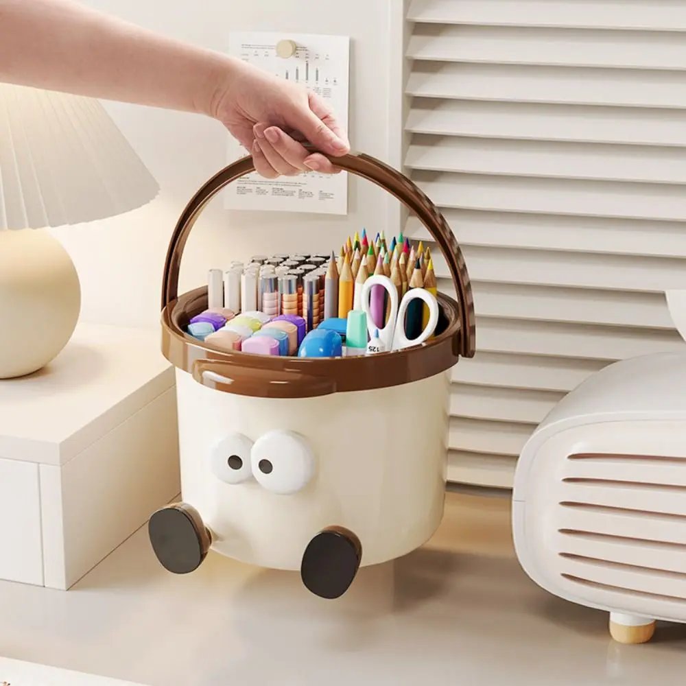 

Cute Large Capacity Desktop Storage Basket With Handle 4 Compartments Stationery Storage Box Organizer Cartoon Pen Holder