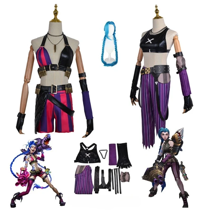 Disfraz de Cosplay de Jinx de LoL Arcane 2 para Mujer, Conjunto de Ropa de Juego de Rol, Peluca, Guantes, Top, Cinturón, para Niñas, Fiesta de Halloween Suix,3;b'2.