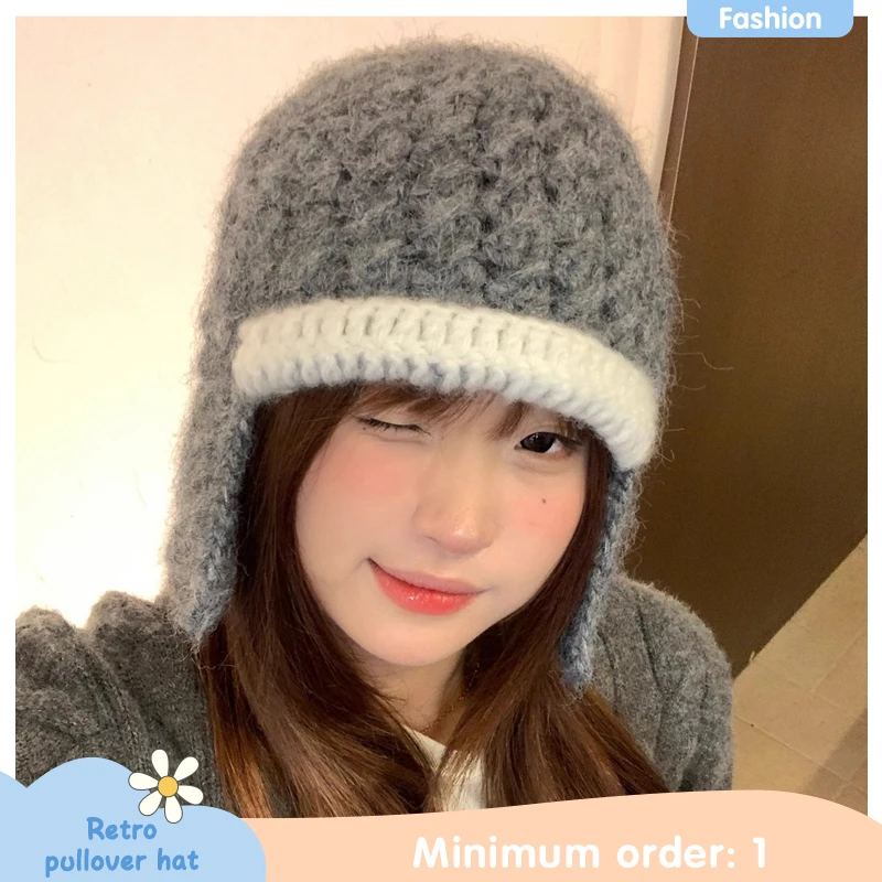 Autumn and Winter Mixed Color Retro Drawstring Flying Hat for Men Cycling Skiing Versatile Warm Ear Protectionbeanies for Women