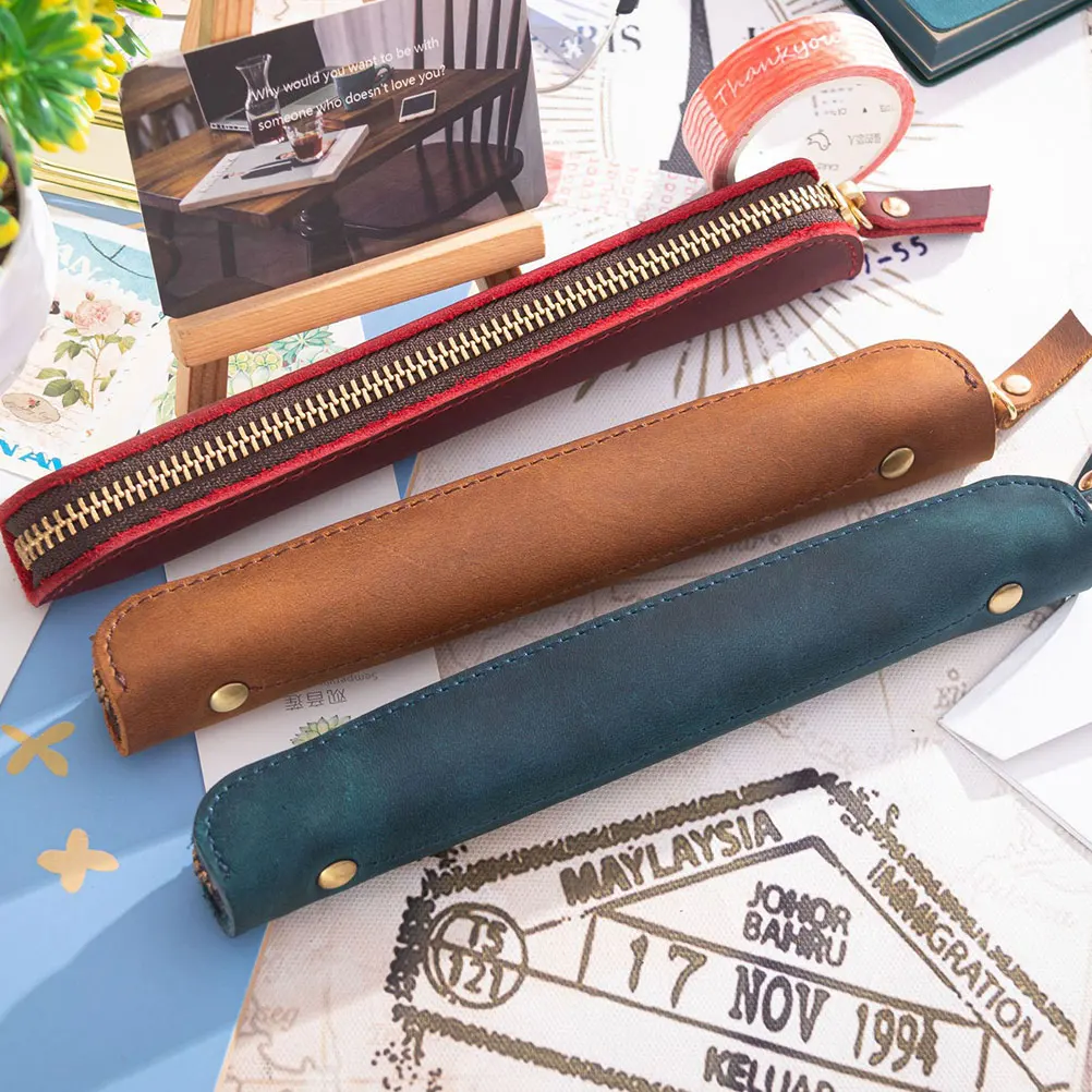 

Pencil Case Cowhide Set Rolling Pouch High Capacity Travel Fountain Holder Zipper