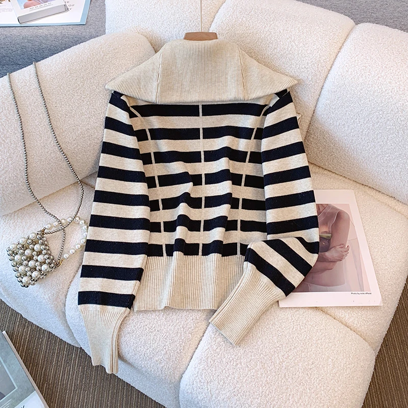 EWQ Casual Style Big Lapel Striped Knit Cardigan Thick Double Zipper Design Fashion Women Sweater Coat 2024 Winter New 27X9261