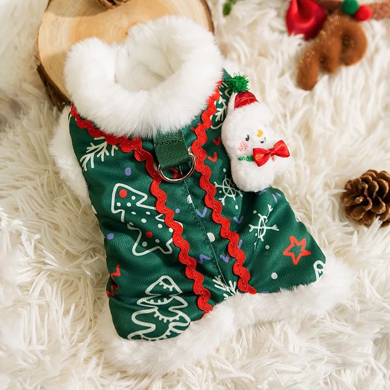 Christmas Dog Coat Green Fur Collar Pet Warm Clothing Winter Puppy New Year Clothes Teddy Schnauzer Two Legs Cardigan