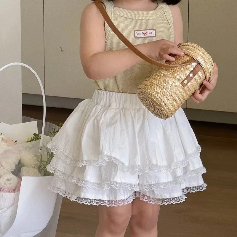 Girls Skirt 2024 Summer New Korean Style Fashion Sweet Lace Skirt Baby Girl Princess Garden Style White Skirts Dress