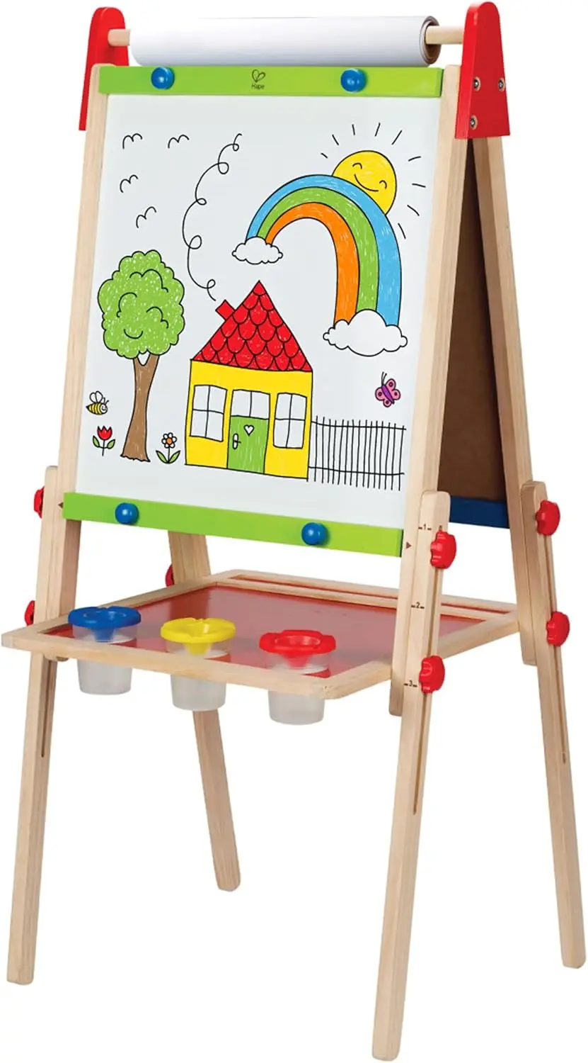 

Adjustable Kids Drawing Easel with Magnetic Chalkboard, Dry-Erase Board, Paint Pots & Paper Roll