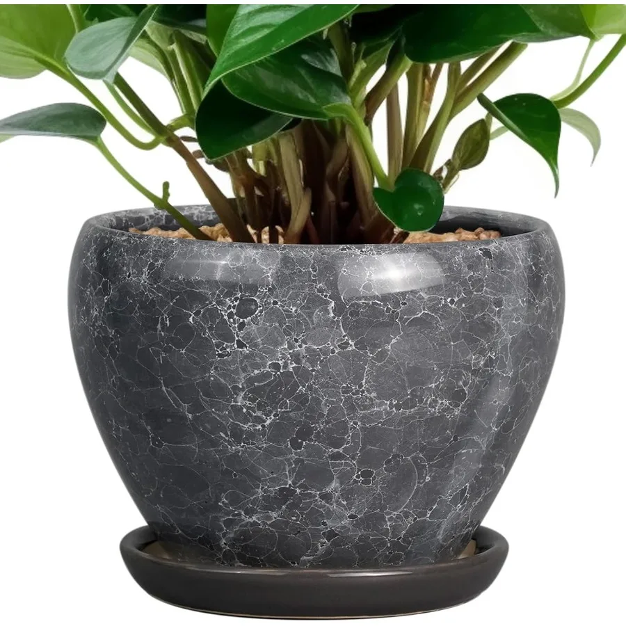 

6 Inch Ceramic Planter with Drainage Hole and Saucer for Indoor Outdoor Succulents Glazed Round Flower Pot in Gray Color Ideal