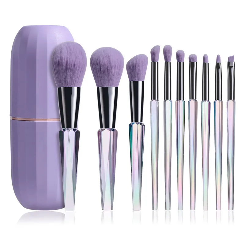 10-Piece Transparent Makeup Brush Set with Purple PVC Bucket Dazzling Diamond Crystal Handle - New Beauty Tool Set