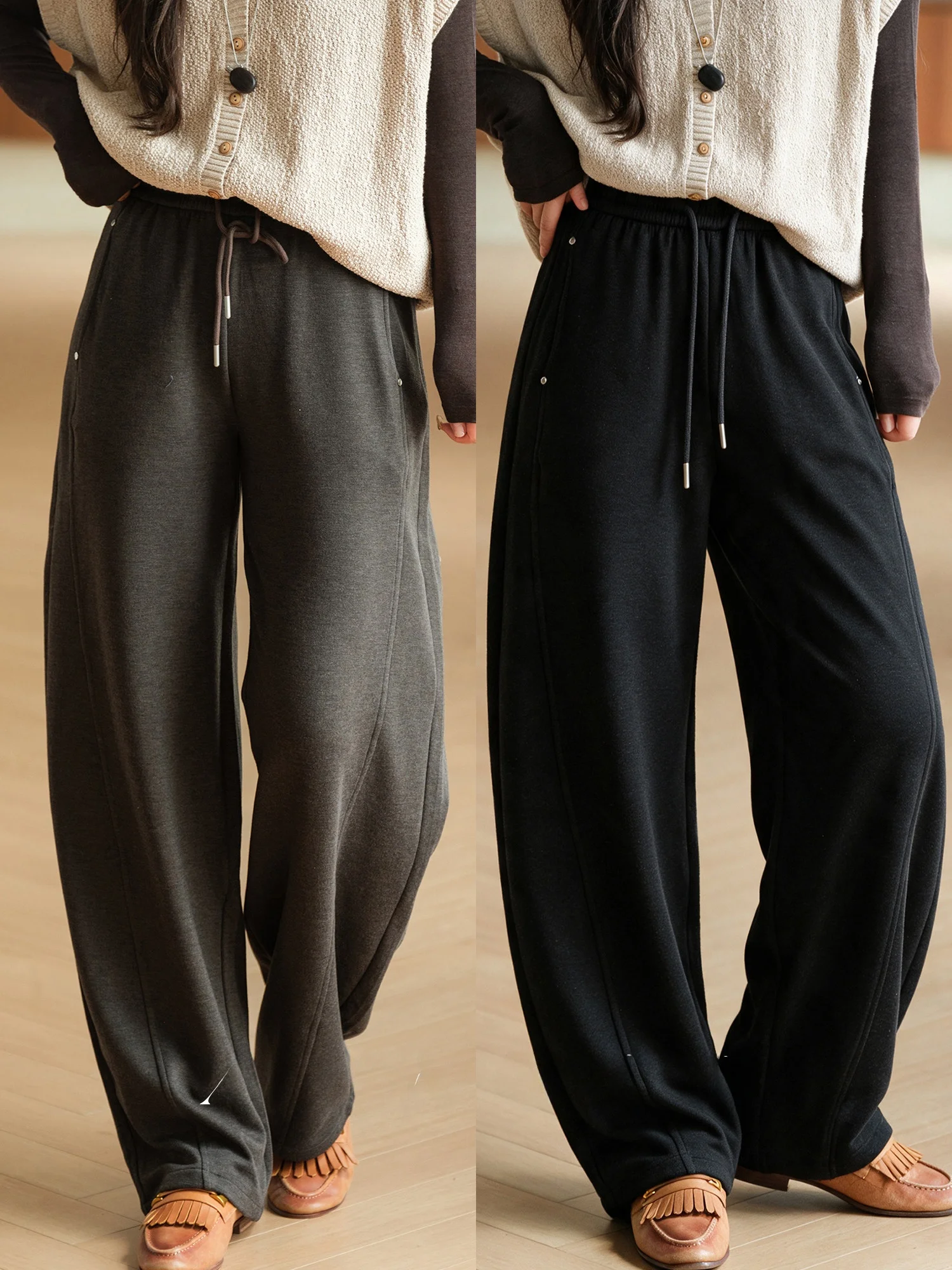 Heavy Duty Rivet Fixed Multi Line Elastic Waist Bend Knife Pants Women's Casual Straight Leg Trousers Polyester Blend Elasticity