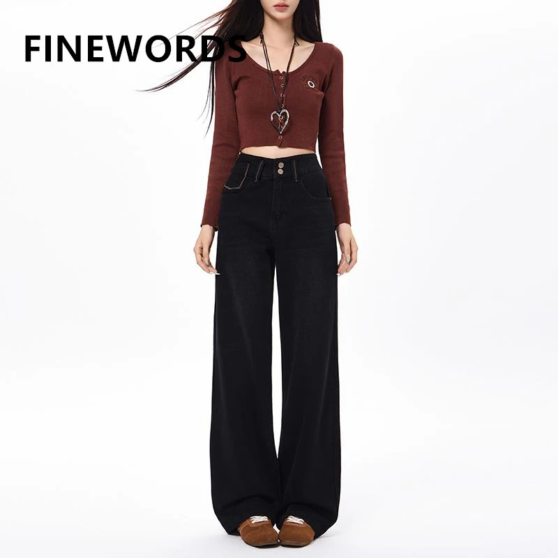 FINEWORDS Vintage Causal High Waist Jeans Women Korean Wide Leg Jeans Streetwear Easymatch Full Length Baggy Harajuku Jeans