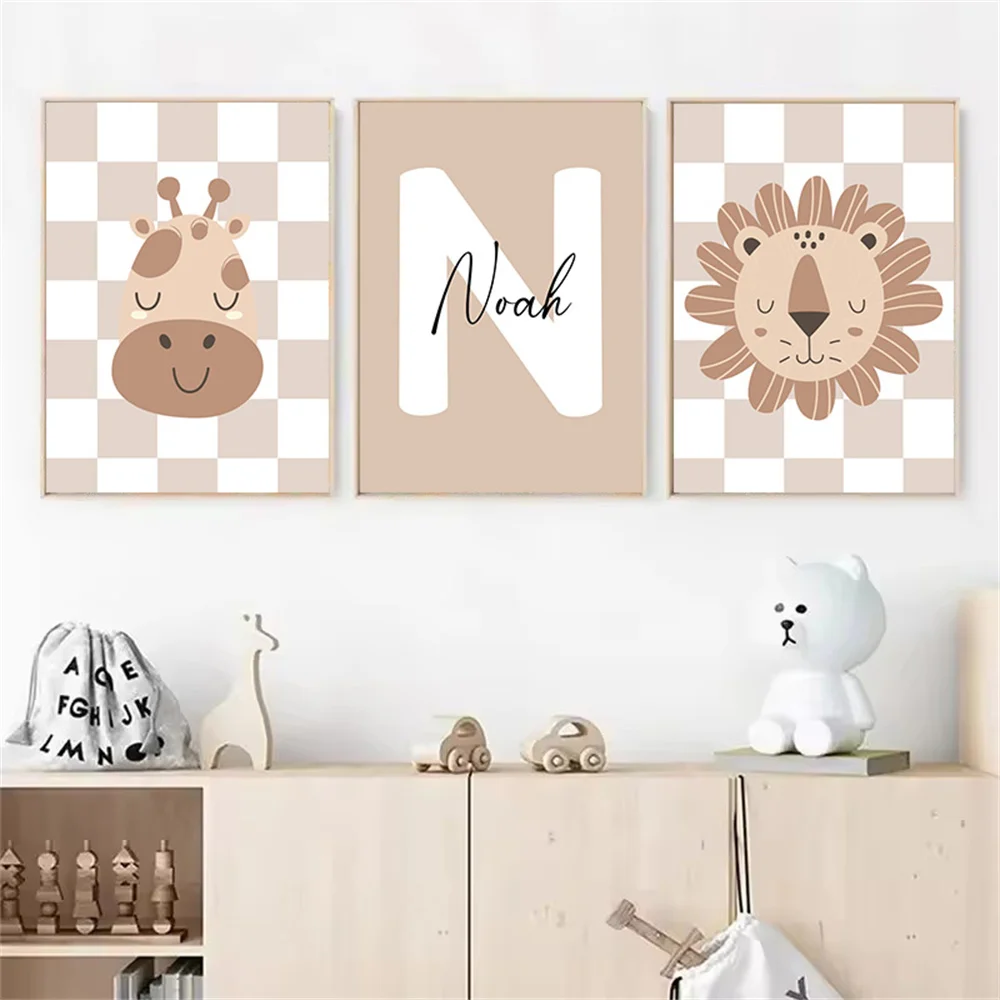 Boho Giraffe Art Print Baby Custom Name Poster Lion Canvas Painting Nursery Wall Art Picture Nordic Posters Kids Room Decoration