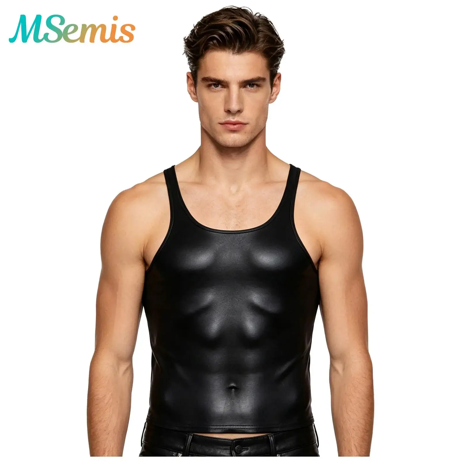 Mens Metallic Shiny Slim Fit Tank Top Scoop Neck Sleeveless Disco Vest Singlet T-shirt Showing Muscle Clubwear for Rave Party