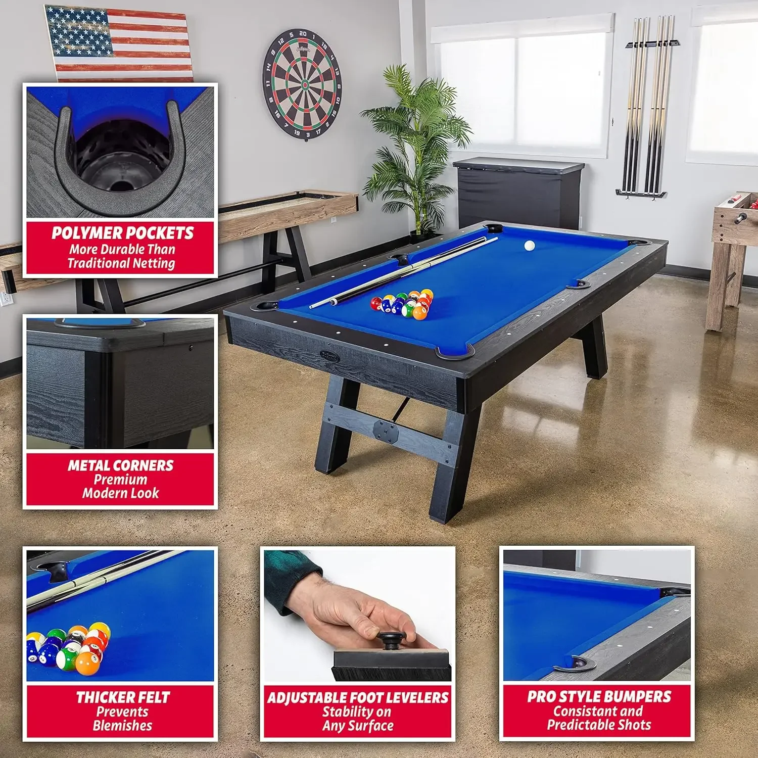 

7 ft Pool Table with Wood Finish - Modern Billiards Table with 2 Cue Sticks, Balls, Rack, Felt Brush and Chalk