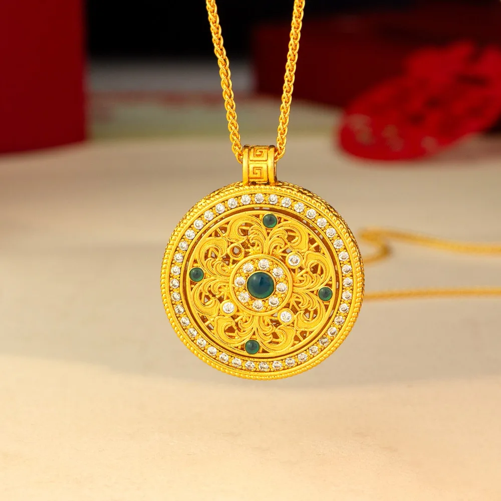 Hollow-out flower silk point diamond compass necklace ancient court style fashion pendant 9999gold