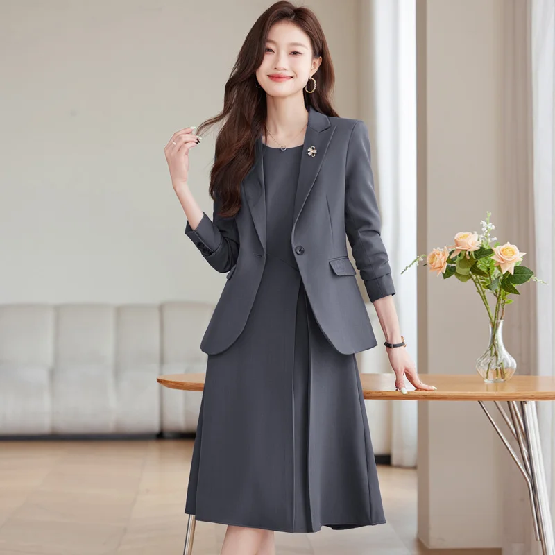 Office Suit Women Blazer + Midi Sleeve Suit Dress Set Elegant 2-piece Fall Winter New High-quality Executive Lady Workwear Suit