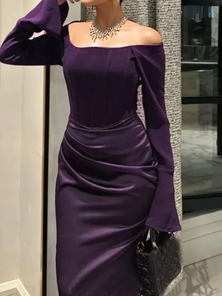 Vestido de Festa Elegante de Cintura Alta com Ombro Único e Pregas, Novo para Primavera e Verão, Vestido de Banquete em Cor Sólida de Cetim