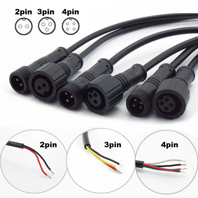 2Pin 3Pin 4Pin 3A Power Cable  Male Plug Female Jack Adapter Connector Wire 500V Connector Cords IP65 Waterproof