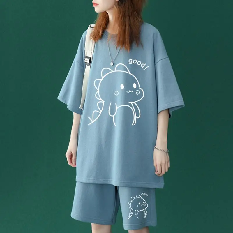 Casual Sporty Chic Wide Leg Pants Two-piece SuitFemme Oversized All-match Printing Cartoon O-neck Short Sleeve T-Shirt Shorts