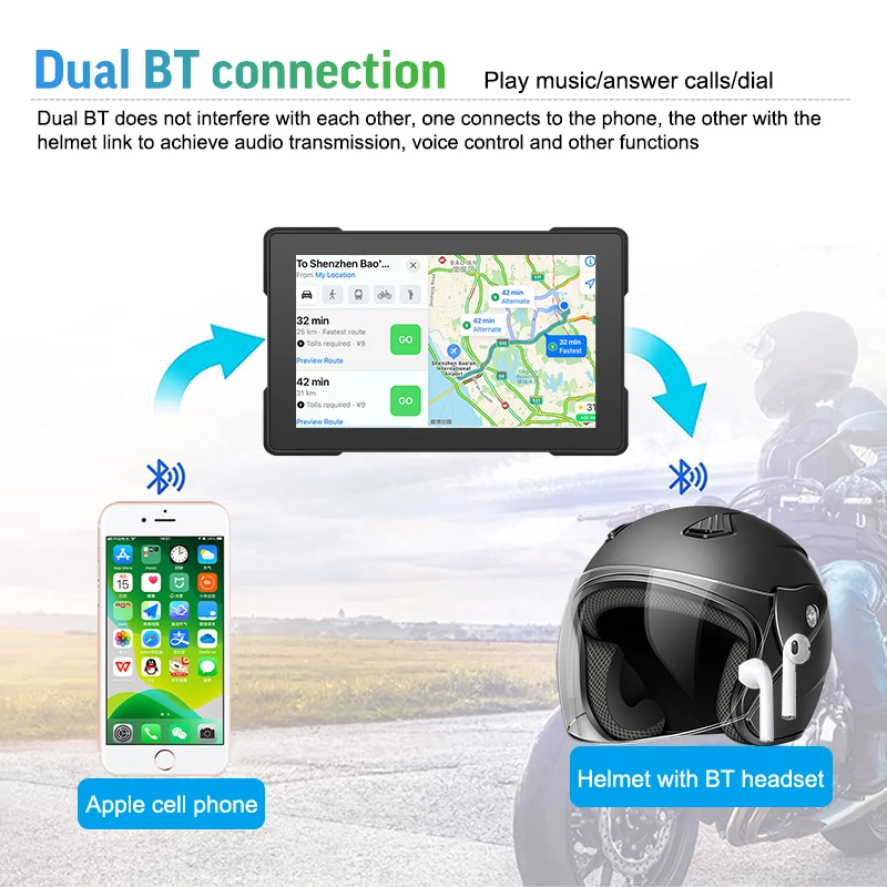 5Inch Motorcycle Wireless Apple Carplay Android Auto Portable Navigation GPS Screen IPX7 Waterproof Display