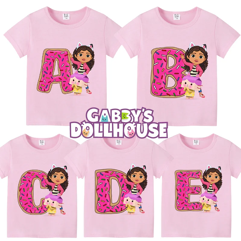 

New Gabby Dollhouse T-shirt Children A-Z Letters Fashion Tee Tops Cute Cartoon Girl Clothes Anime Kids Summer Short Sleeve Gifts
